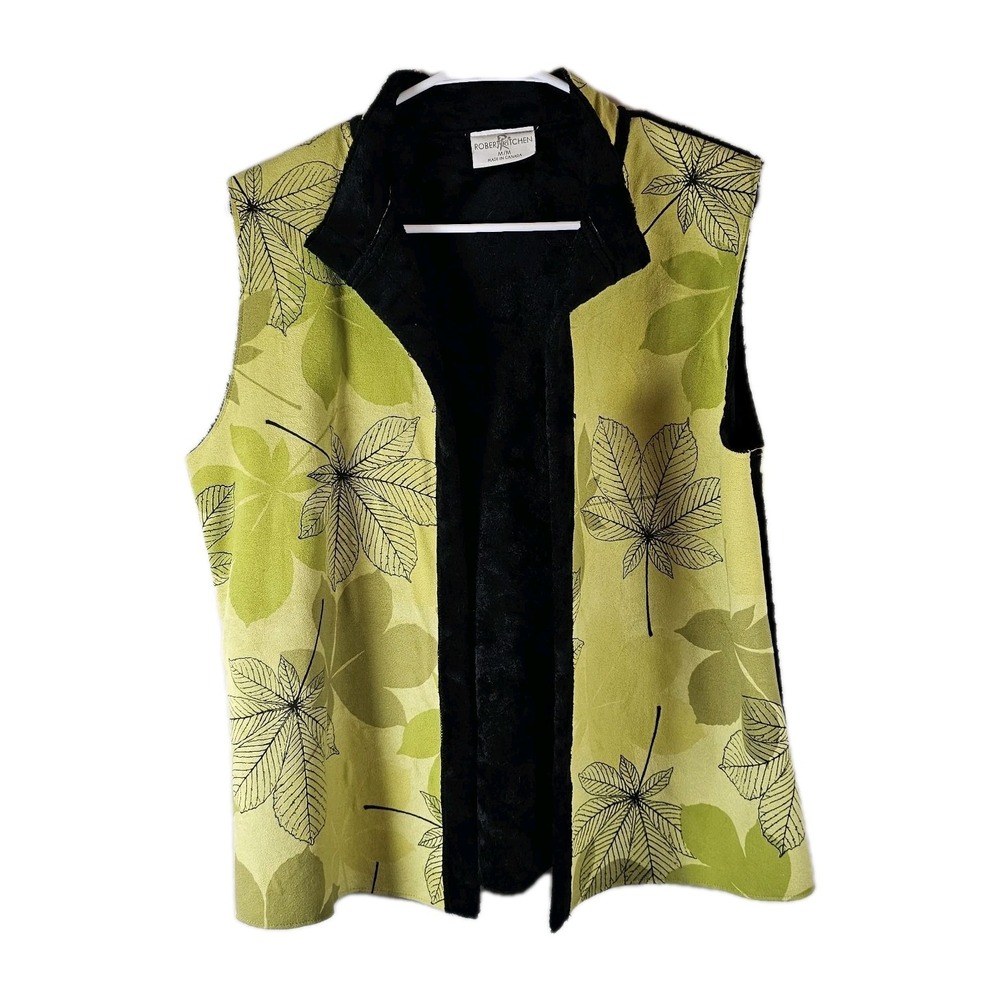 Robert Kitchen Women's Medium Faux Suede Vest Green Soft Warm Leaf Print EUC